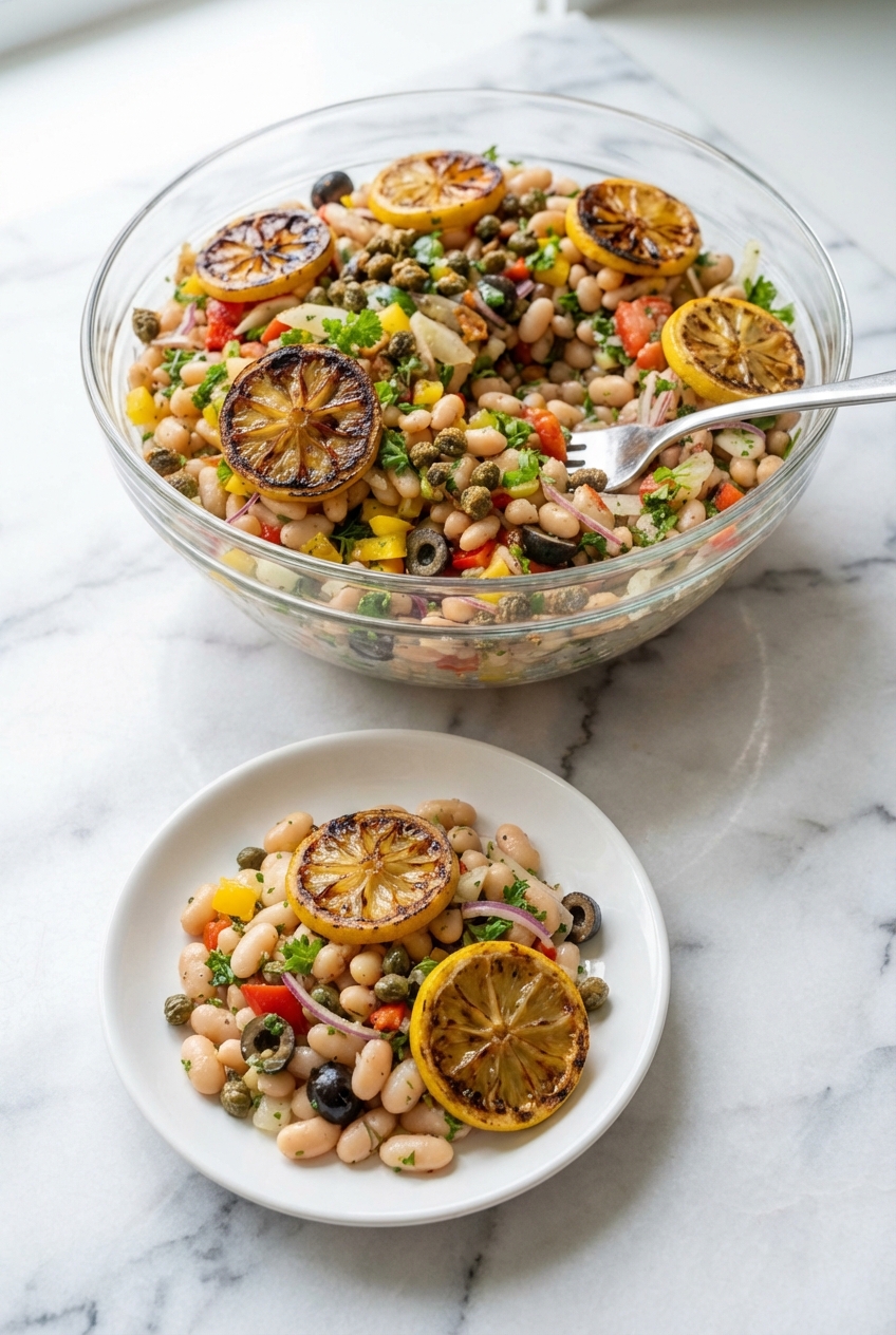 Italian White Bean Salad served in a minimalist ceramic bowl under soft natural window lighting on a marble surface.