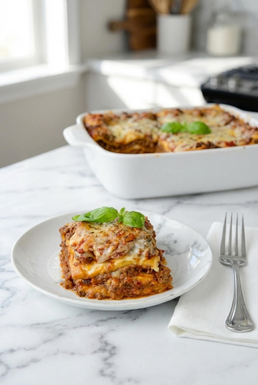 A slice of keto lasagna recipes presented on a contemporary countertop in a minimalist ceramic vessel with soft shadows.