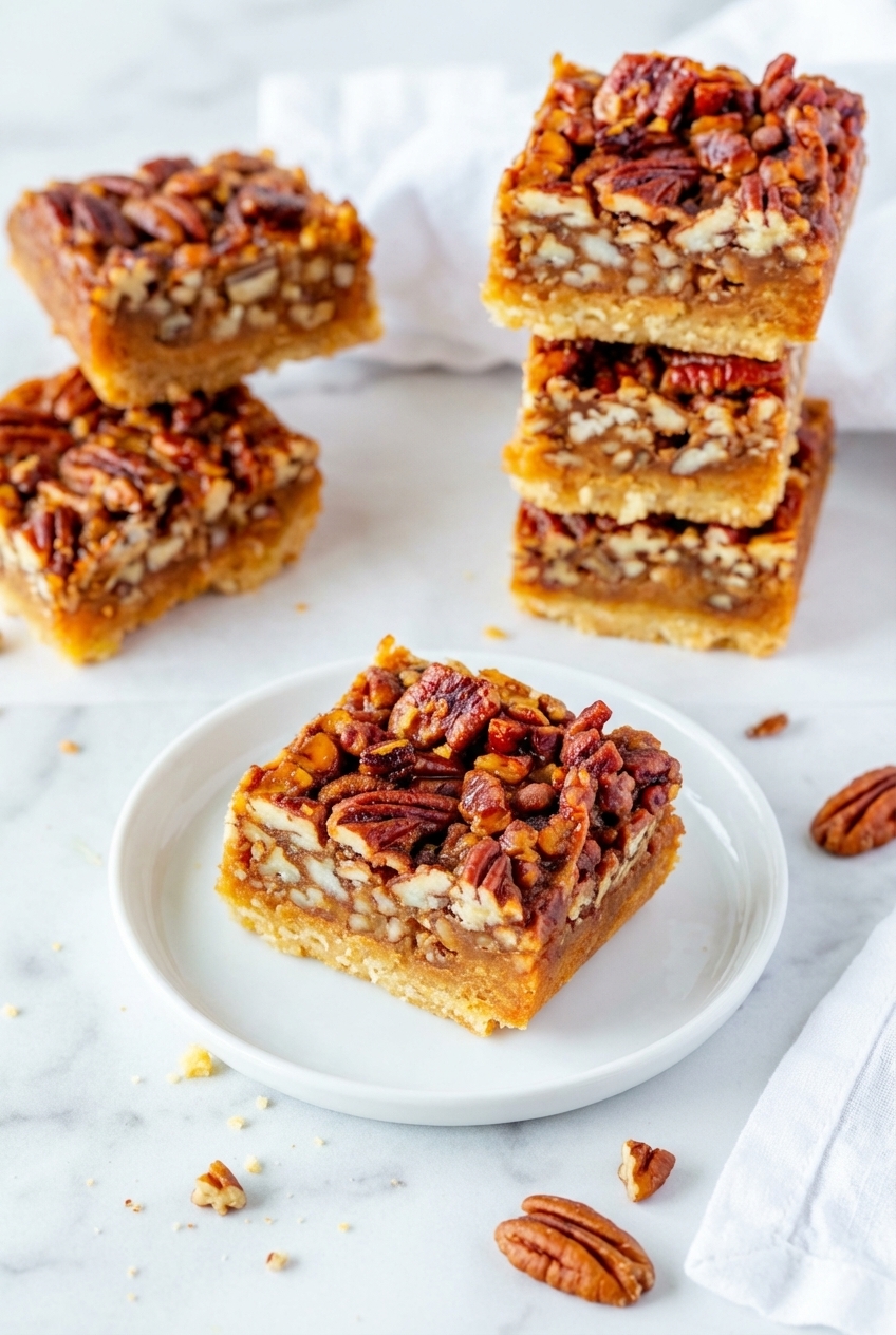 Sliced Keto Pecan Square Recipe bars arranged on a white marble surface under soft natural lighting.