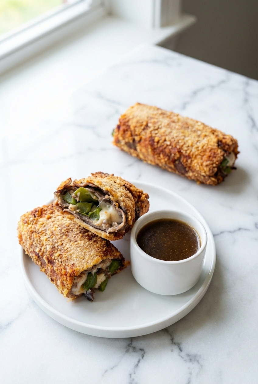 Keto Philly Cheesesteak Rolls served in a minimalist ceramic vessel with a side of keto au jus under natural window lighting.