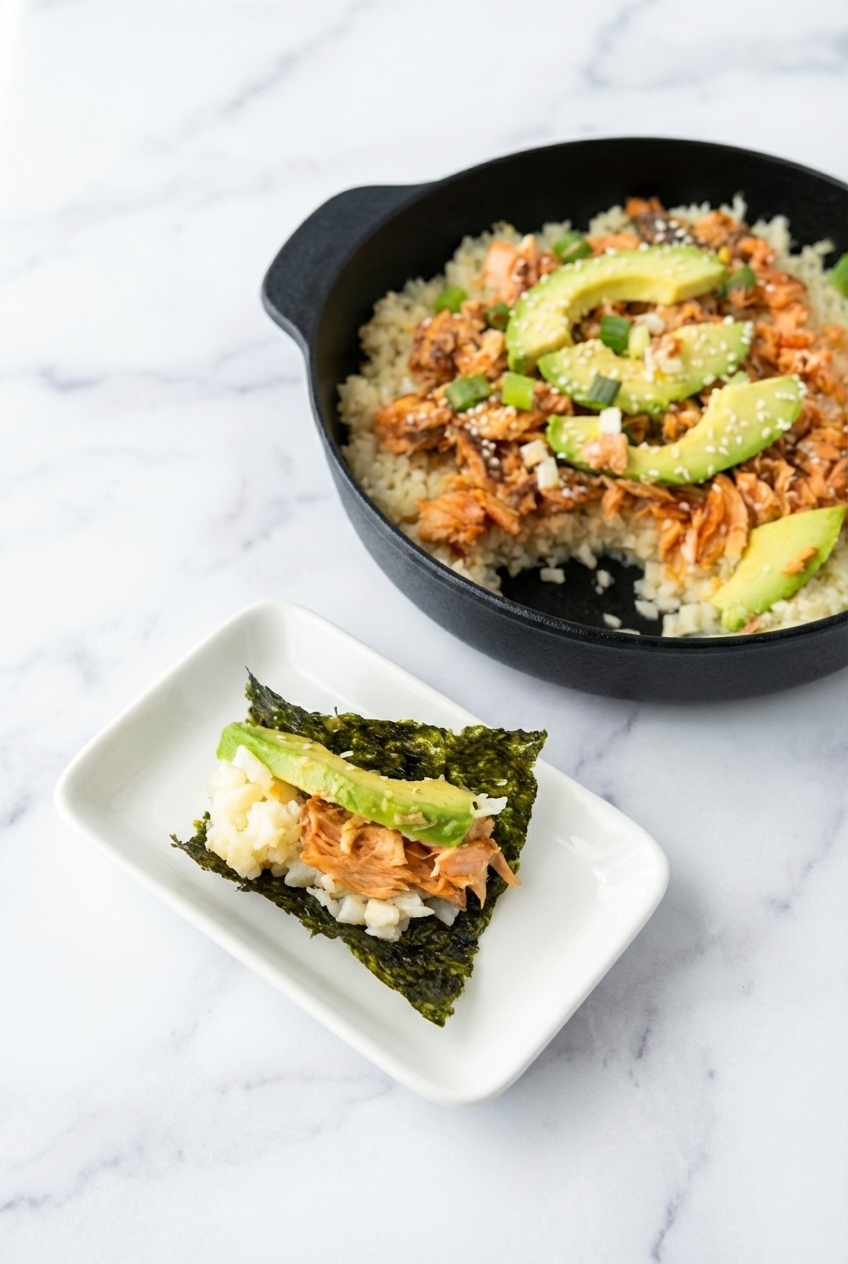 Portion of Keto Sushi Bake ready for meal prep served with nori sheets under soft natural window lighting.