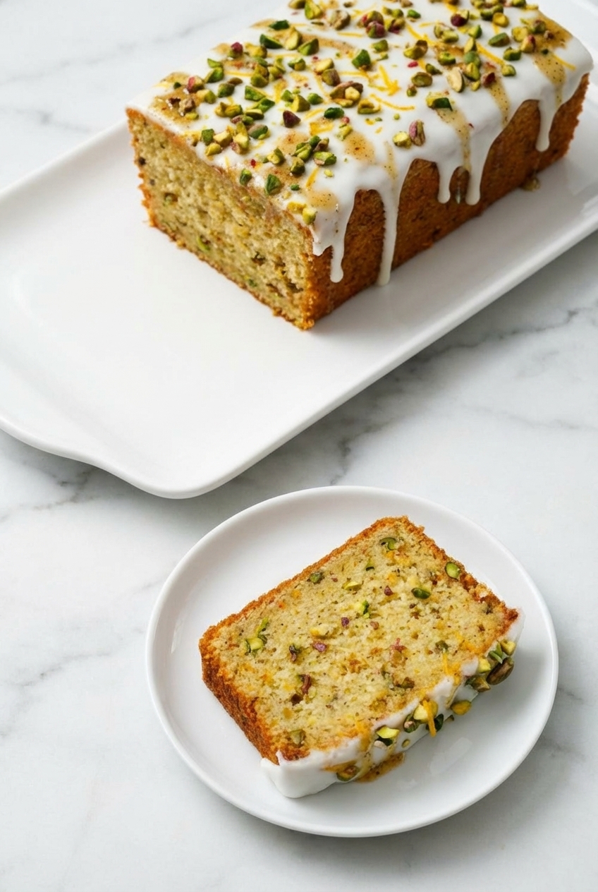 Slices of Lemon Pistachio Loaf served on a minimalist ceramic plate with soft shadows from natural window lighting.