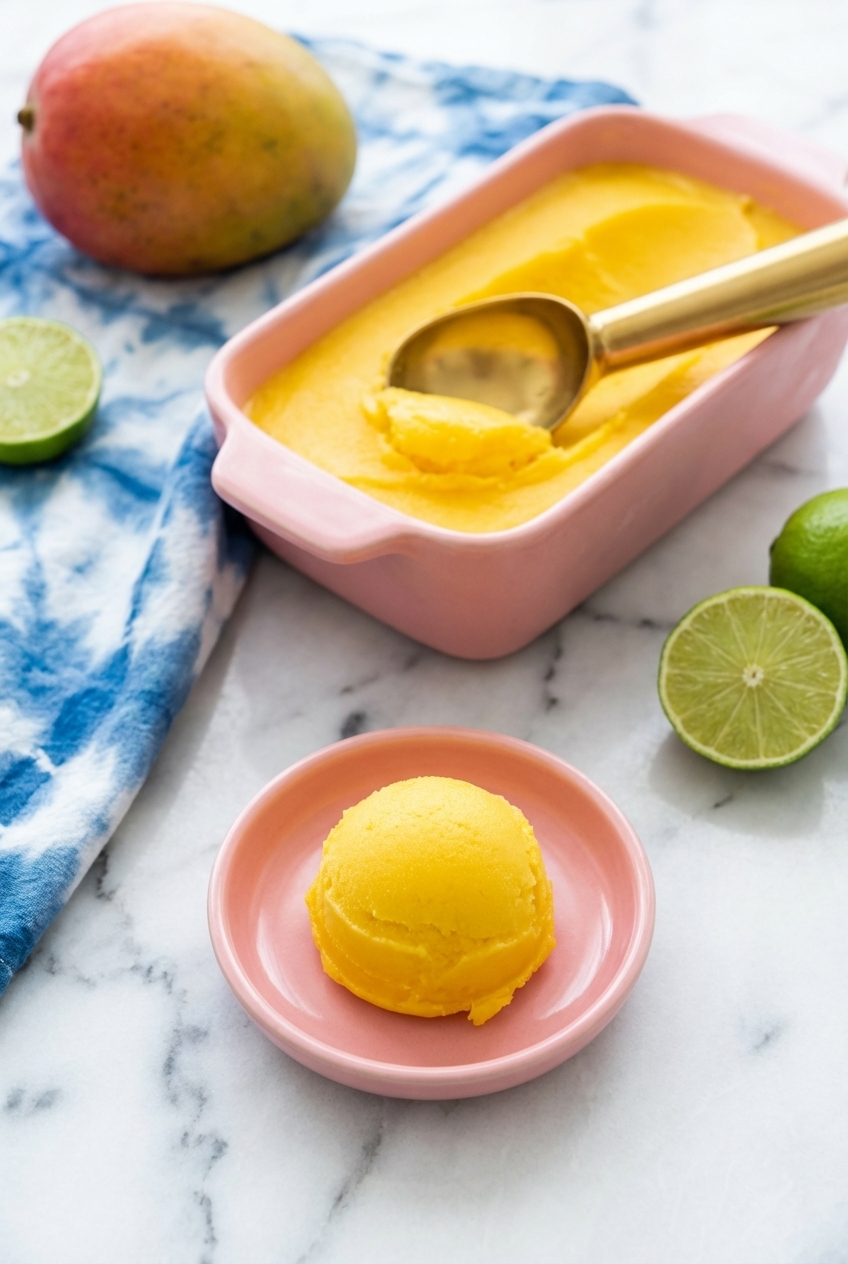 Mango sorbet scoops in a minimalist ceramic bowl under natural window lighting on a contemporary countertop.