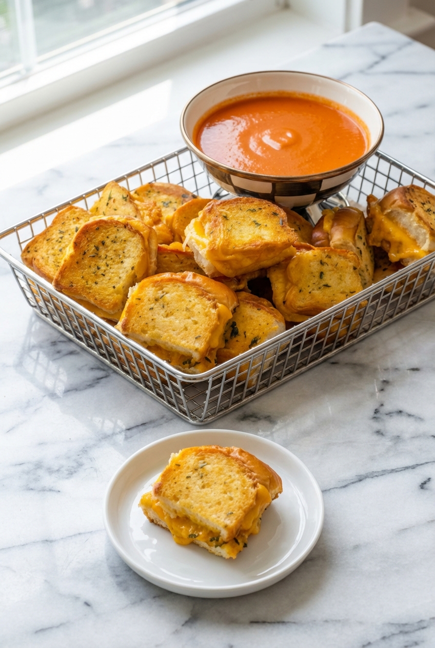 Mini Grilled Cheese Hawaiian Rolls served on a minimalist ceramic platter with soft shadows on a contemporary white surface.