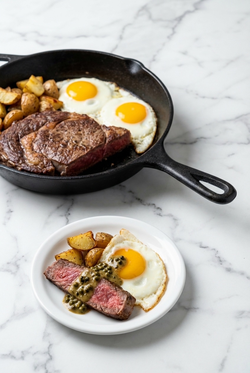 Plated Steak & Eggs in a minimalist ceramic vessel on a white marble surface with soft window shadows.