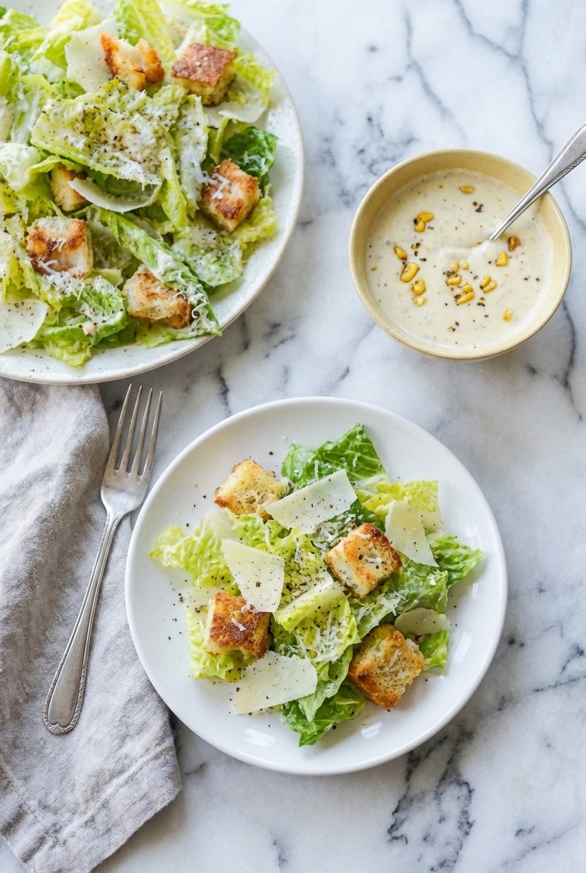 Freshly prepared caesar salad dressing recipe served in a ceramic vessel under natural window lighting.
