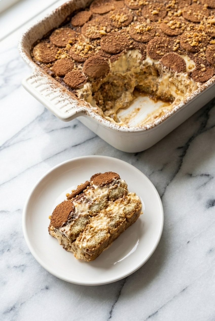 Individual serving of no bake banana pudding tiramisu on a contemporary countertop with soft shadows.