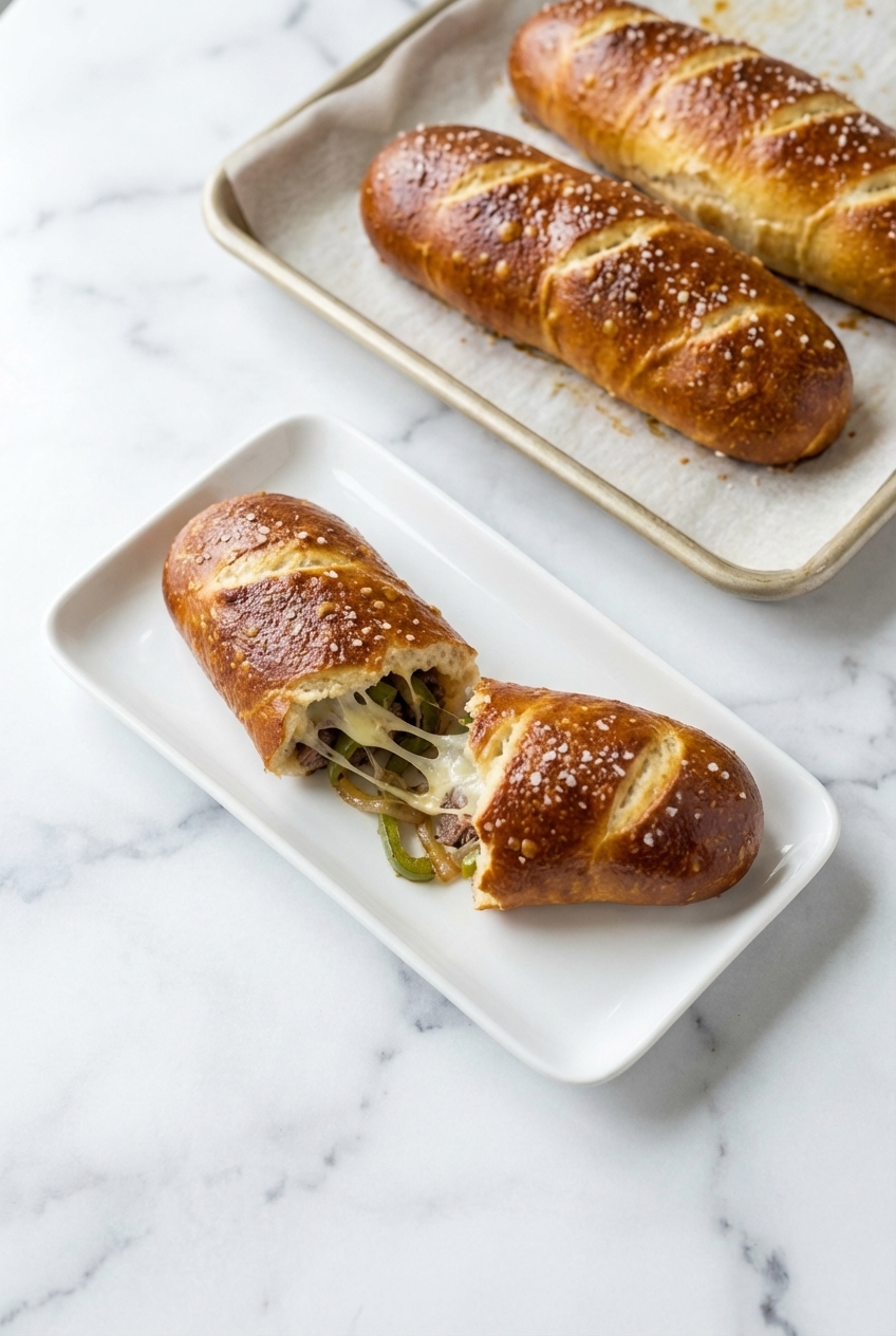 Philly Cheesesteak Stuffed Cheesy Breadsticks arranged in a minimalist ceramic vessel with soft natural window lighting.