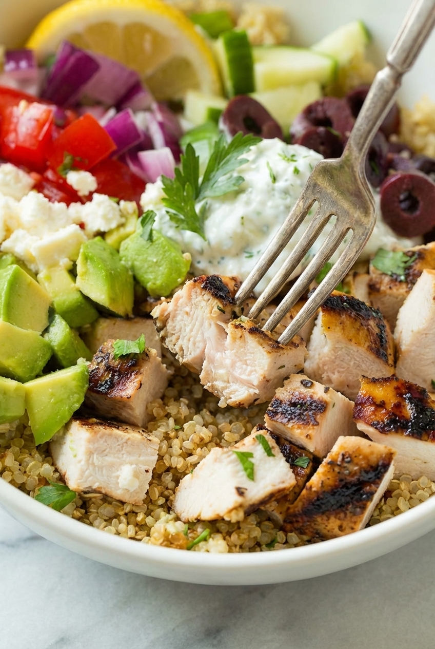 A contemporary table setting of Grilled Chicken Greek Salad With Quinoa & Feta under soft natural window lighting.
