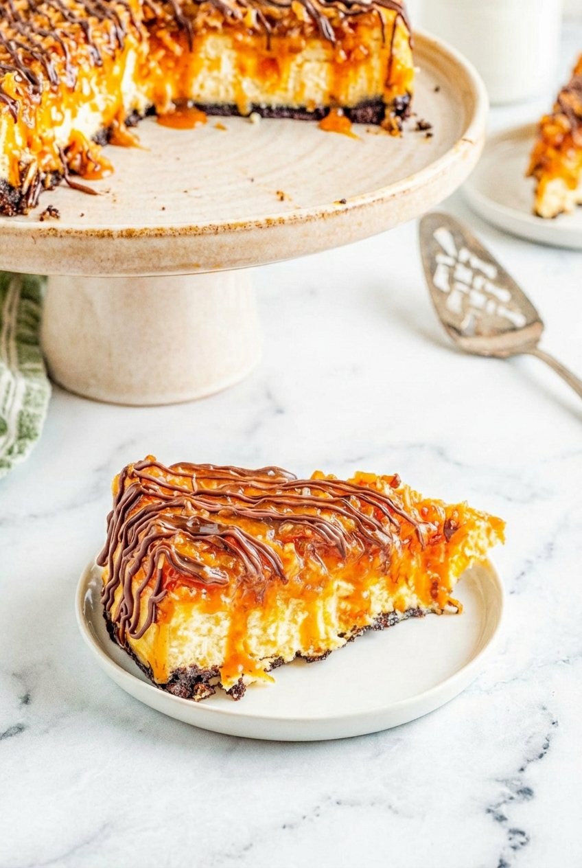 Samoa cheesecake slice on a minimalist ceramic plate with soft natural light highlighting the golden caramel and dark chocolate layers.