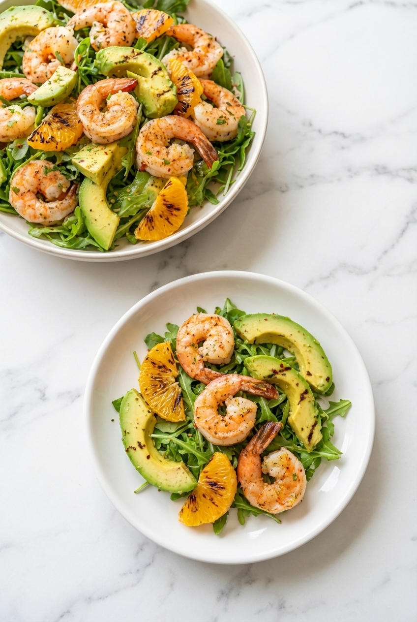Shrimp & Avocado Citrus Salad served on a contemporary countertop with natural window lighting.