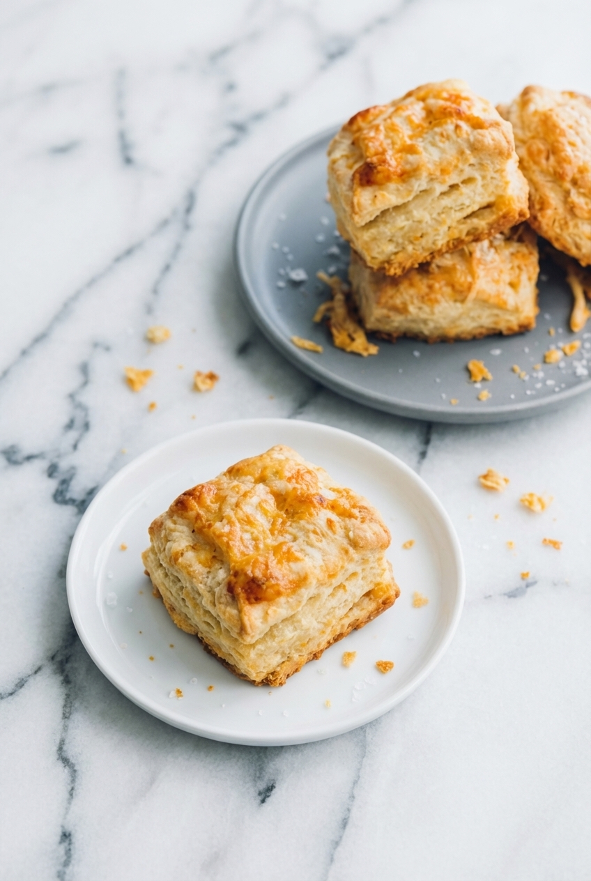 Warm Sourdough Discard Biscuits served in a minimalist ceramic vessel on a marble table with soft natural shadows.