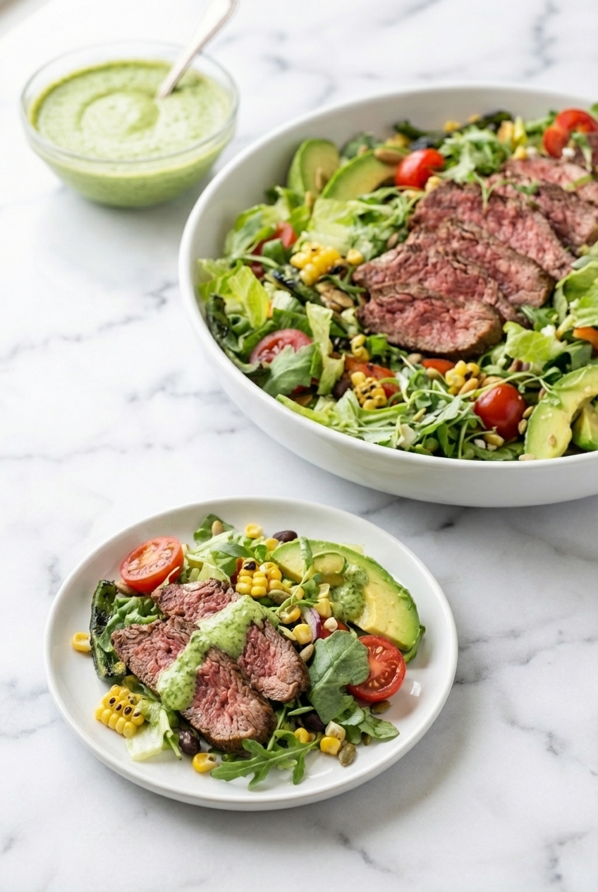 Overhead view of a Steak & Avocado Southwest Salad being drizzled with Cilantro-Lime Dressing under soft window lighting.