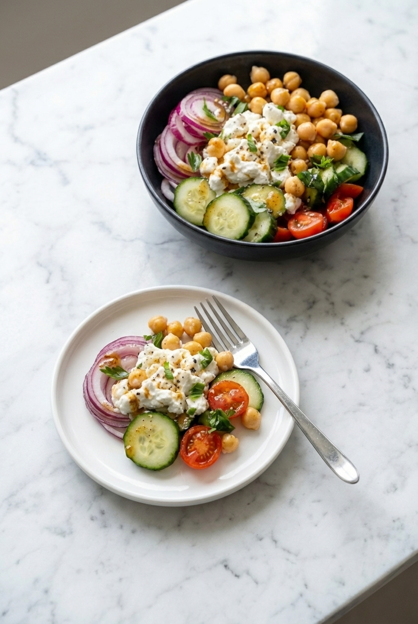 Chickpea & Cottage Cheese Power Salad served in a minimalist ceramic vessel on a marble surface with soft natural window shadows.