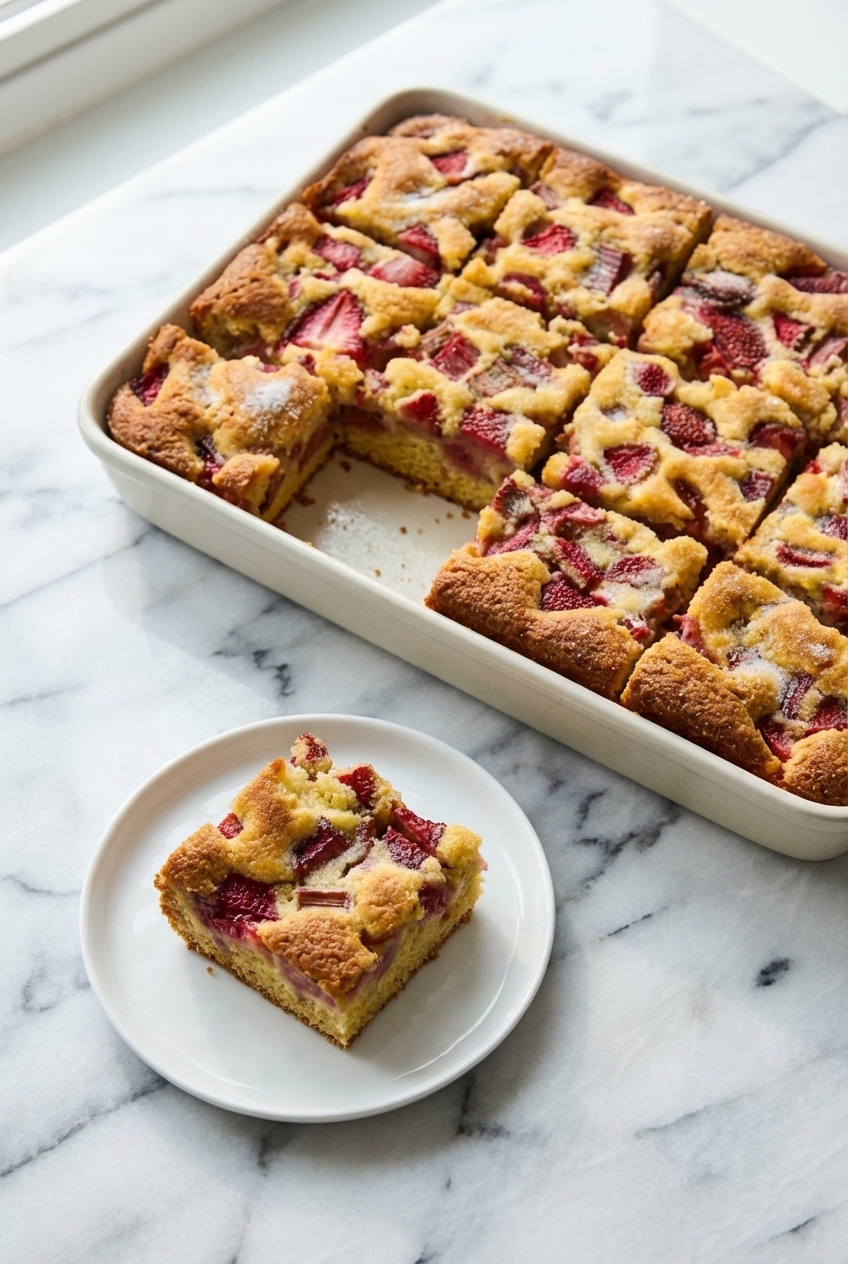 Strawberry Rhubarb Breakfast Cake served on a white marble surface with soft shadows from a nearby window.