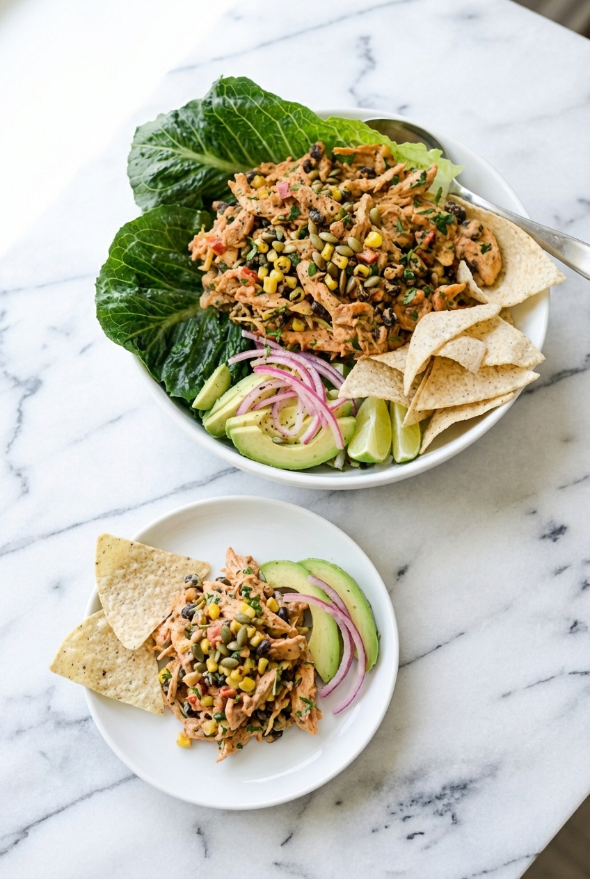 Chipotle Lime Chicken Salad served in minimalist ceramic vessels on a white marble surface, ready for meal prep containers.