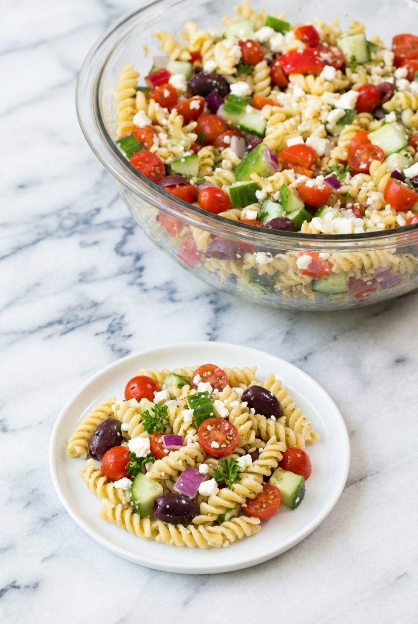 Traditional Greek Pasta Salad in a minimalist ceramic vessel under natural window lighting for a Mediterranean diet lunch.