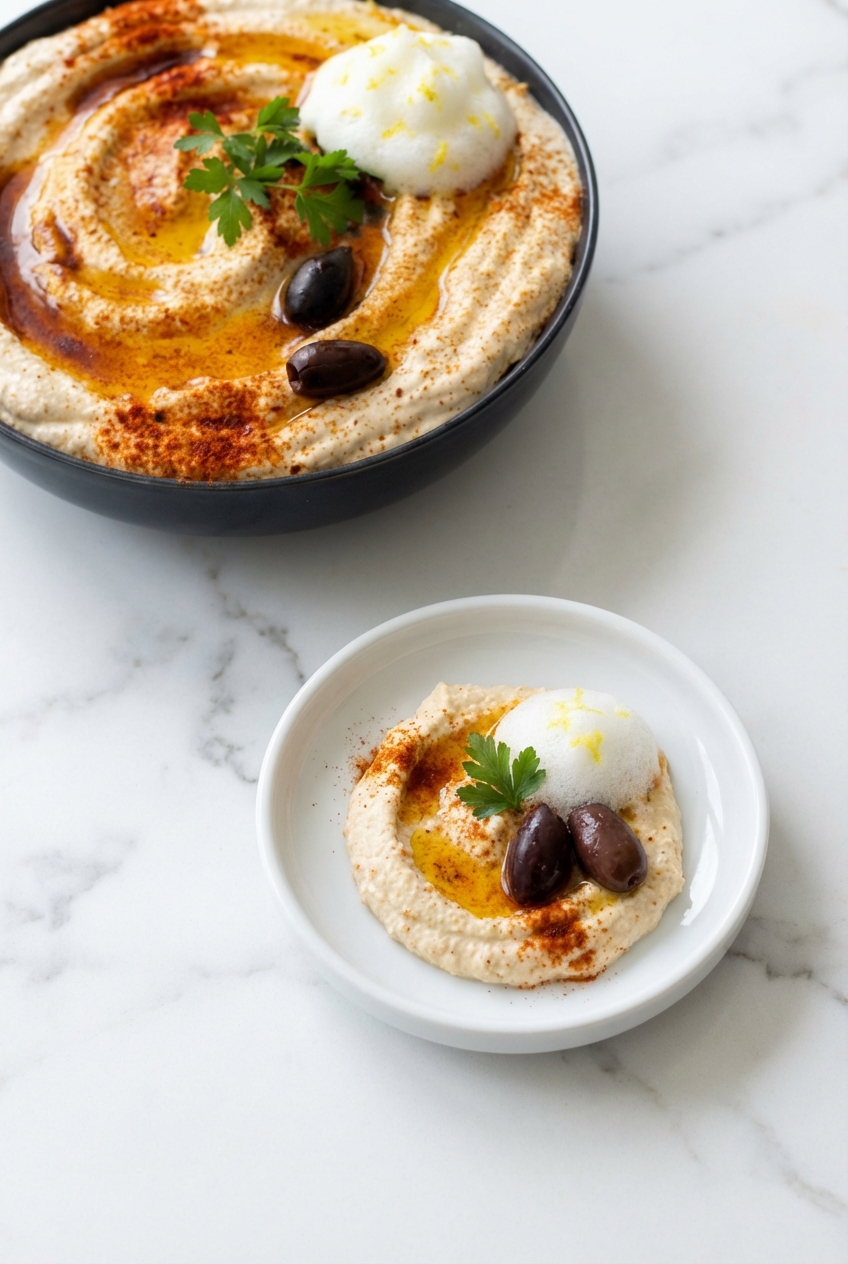 Whipped feta cheese dip surrounded by colorful crudités and mezze pairings on a minimalist ceramic vessel.