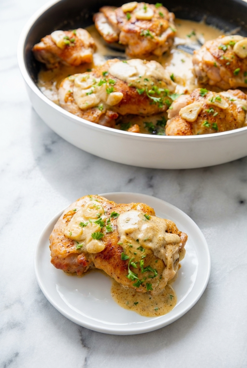 The finished Yummy Garlic Chicken Keto Recipe served on a minimalist ceramic plate under soft natural window lighting.