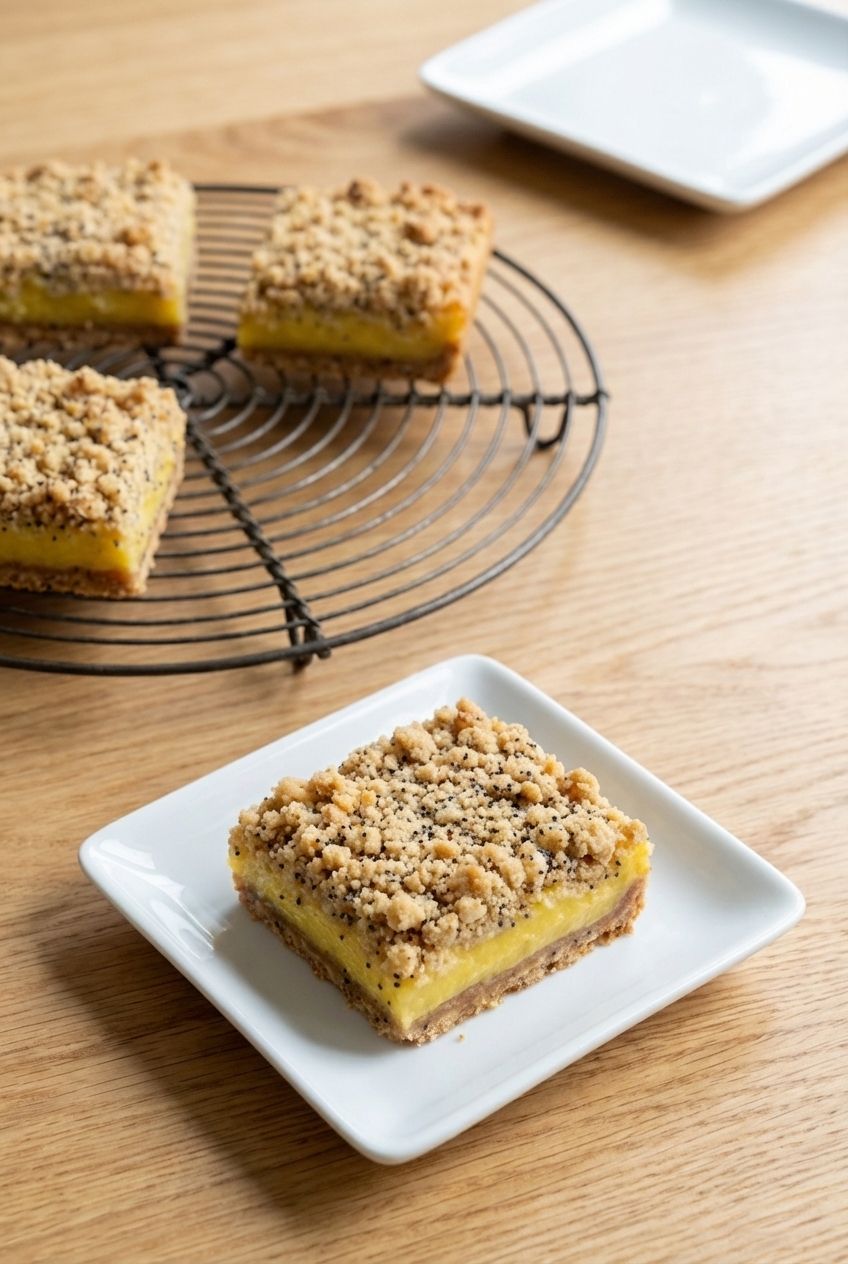 Sliced Zesty Lemon Crumb Bars arranged on a minimalist ceramic vessel on a modern kitchen counter.
