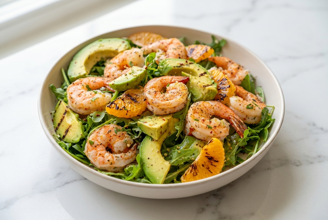 Shrimp & Avocado Citrus Salad with charred mandarin segments and grilled avocado on a white marble surface.