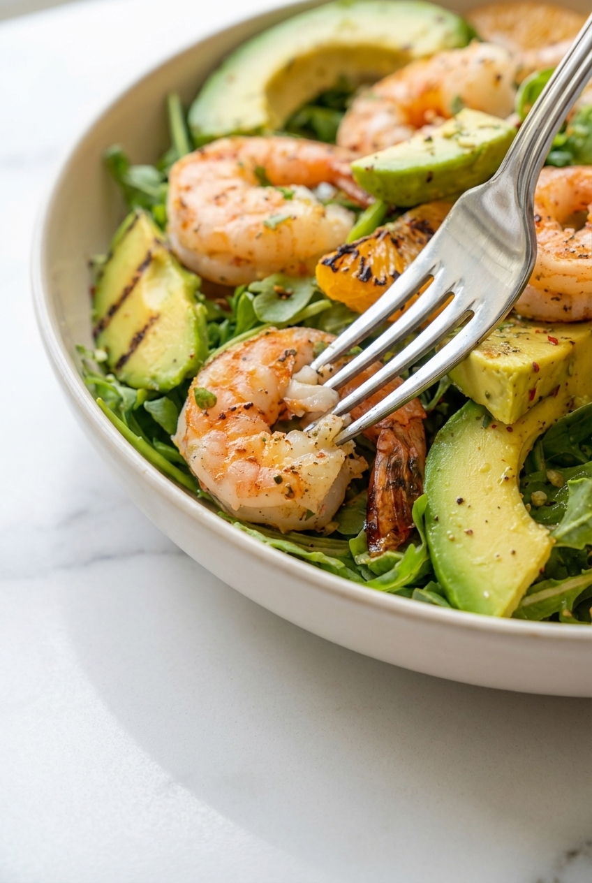 Close-up of the Maillard reaction on charred citrus and shrimp in a minimalist ceramic bowl with soft shadows.