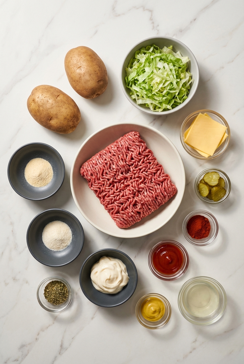Flat lay of raw ground chuck, Worcestershire sauce, and fresh vegetables for a Smash Burger Bowl on a white marble surface.
