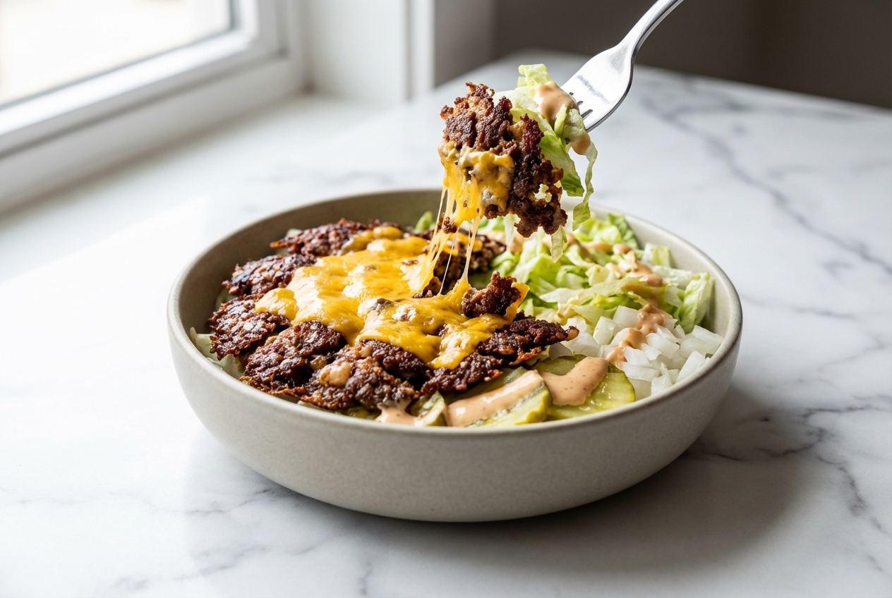 Hero shot of a Smash Burger Bowl with crispy lacey edge beef in a minimalist ceramic vessel on white marble.