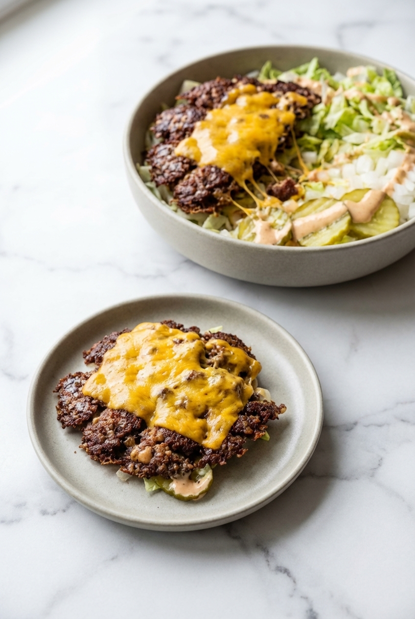 Smash Burger Bowl served in a minimalist ceramic vessel on a white marble countertop with soft window shadows.