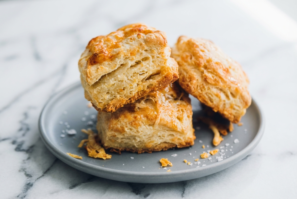 Flaky Sourdough Discard Biscuits with a brown butter honey-wash finish on white marble in natural window lighting.