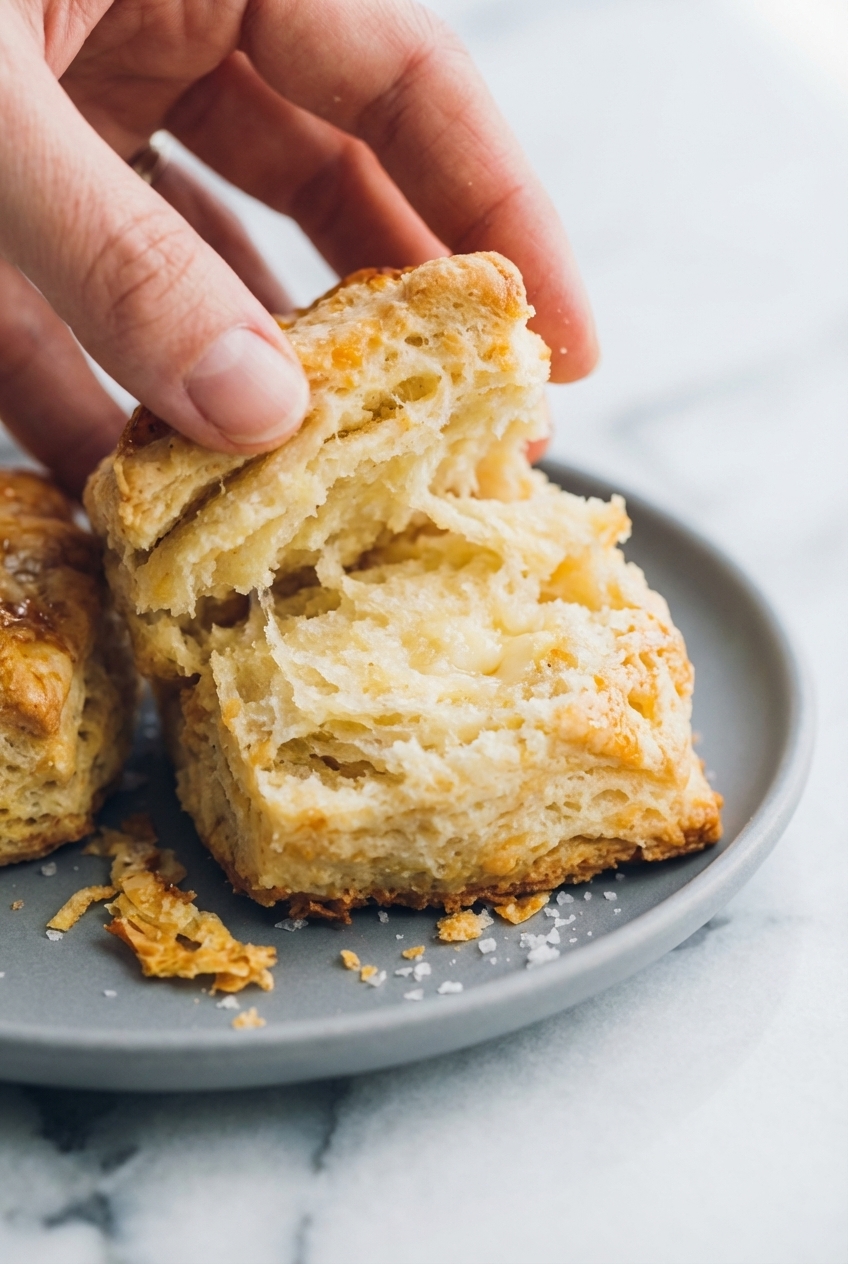 Close-up of tall Sourdough Discard Biscuits showing distinct lamination and height on a white marble countertop.