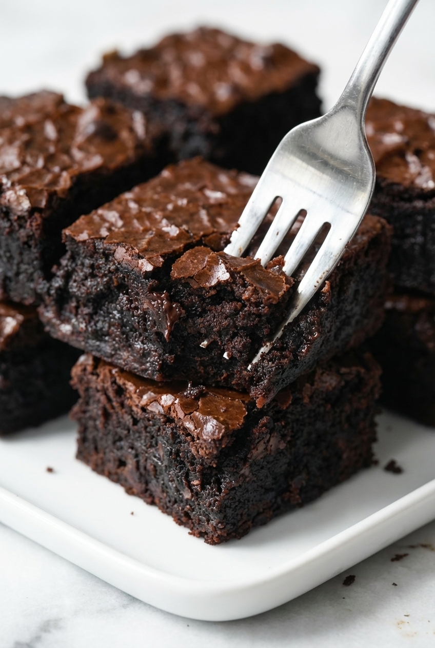 Extreme close-up of Easy Sourdough Discard Brownies showing the moist, dense crumb and glossy hygroscopic sugar top.