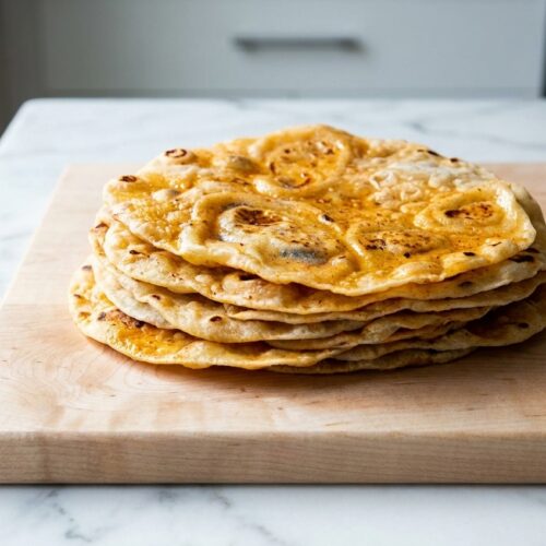 Sourdough discard tortillas on white marble, tinted orange by smoked paprika and cumin butter under natural window lighting.