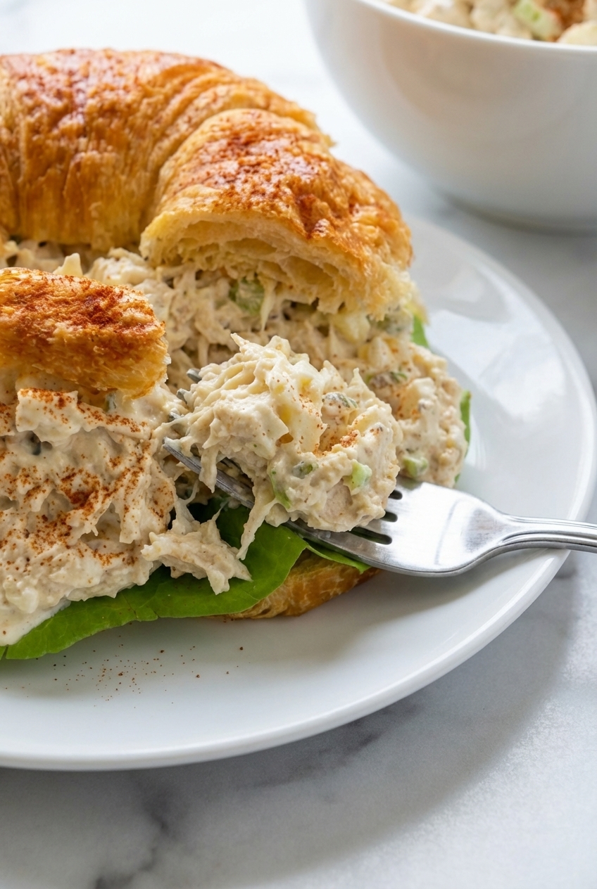 A perfect scoop of Old Southern Chicken Salad (25g Protein) showing the crisp texture of celery and eggs under natural window lighting.