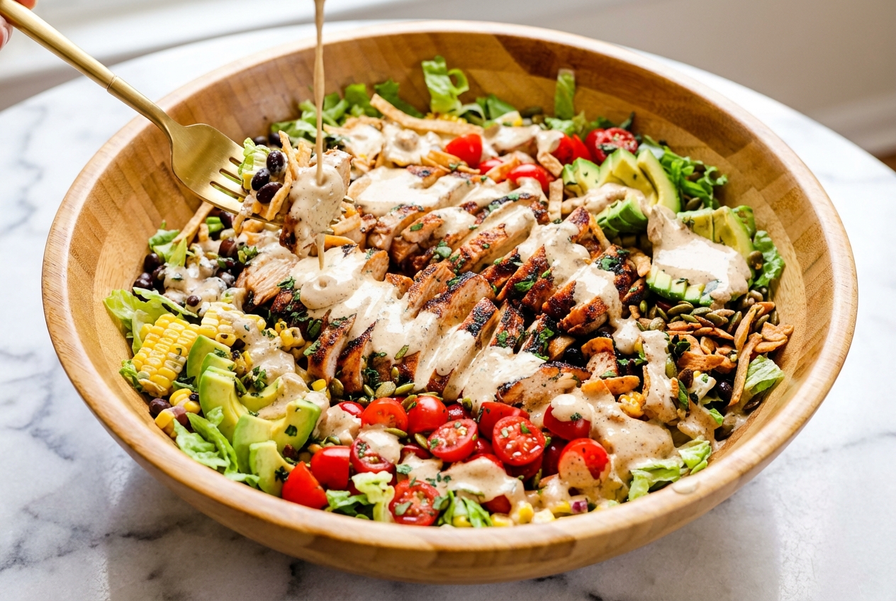 Vibrant Southwest Chicken Salad topped with Chili-Lime Toasted Pepita Crunch on a white marble surface, flat lay composition.