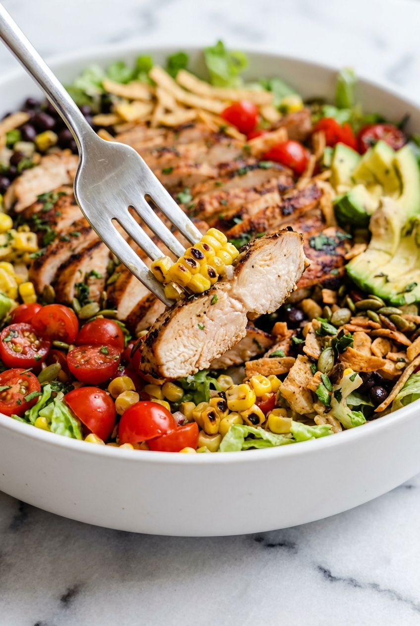 Close-up texture of charred chicken and Chili-Lime Toasted Pepita Crunch on a Southwest Chicken Salad highlighting the Maillard reaction.