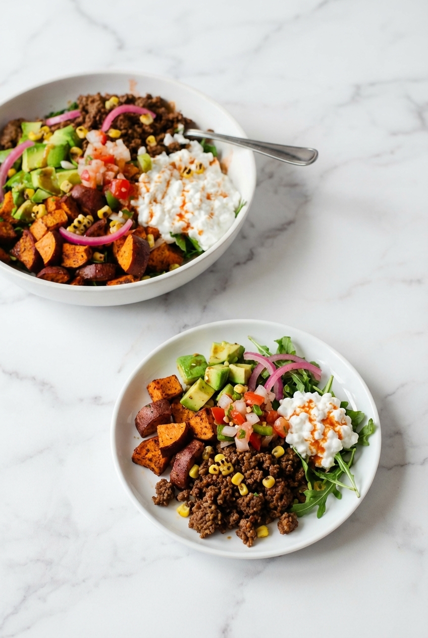 Spicy Cottage Cheese Taco Bowls served in a minimalist bowl on a white marble surface, styled for healthy meal prep.