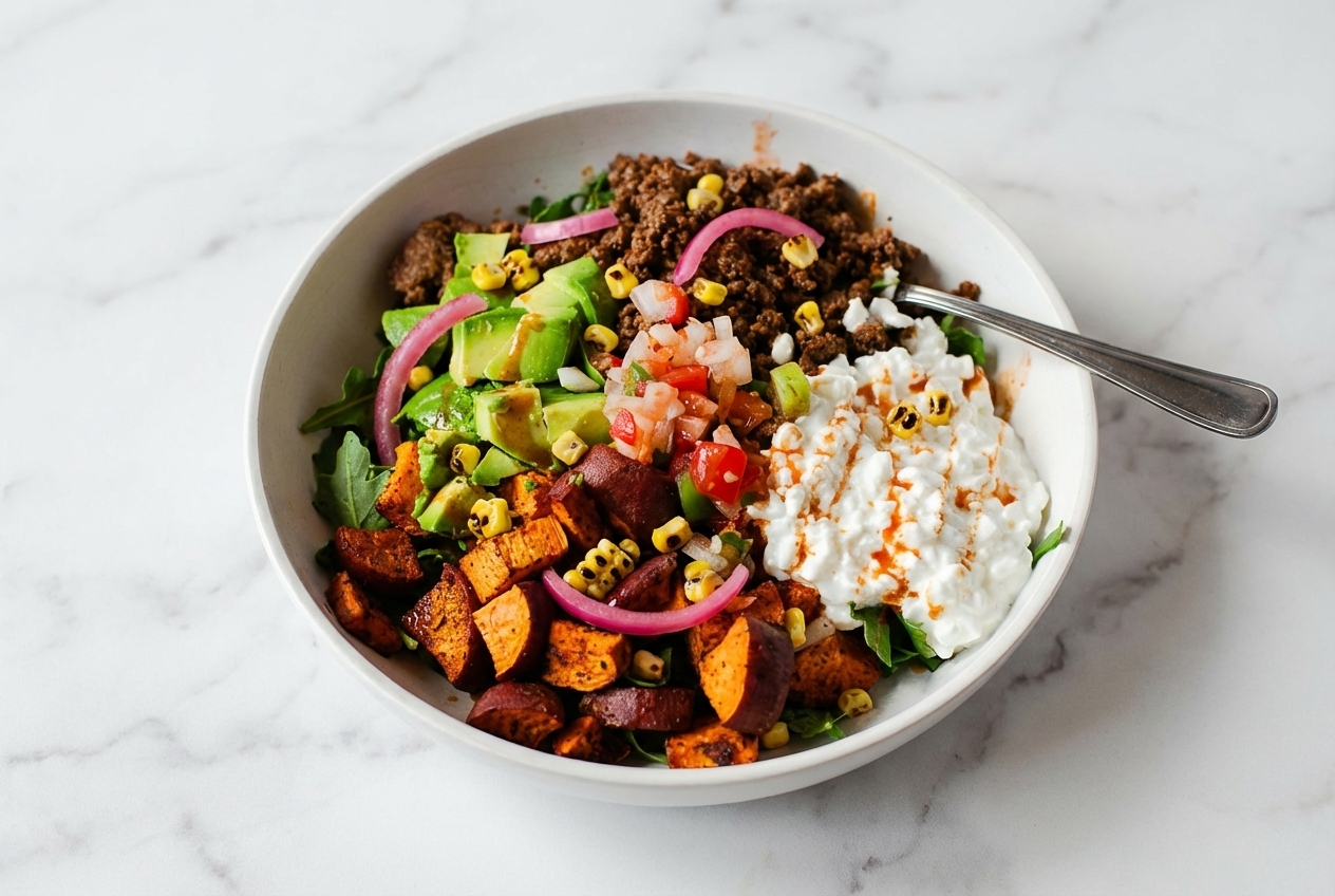 Spicy Cottage Cheese Taco Bowls in a minimalist ceramic vessel on white marble, topped with charred corn and pickled red onions.