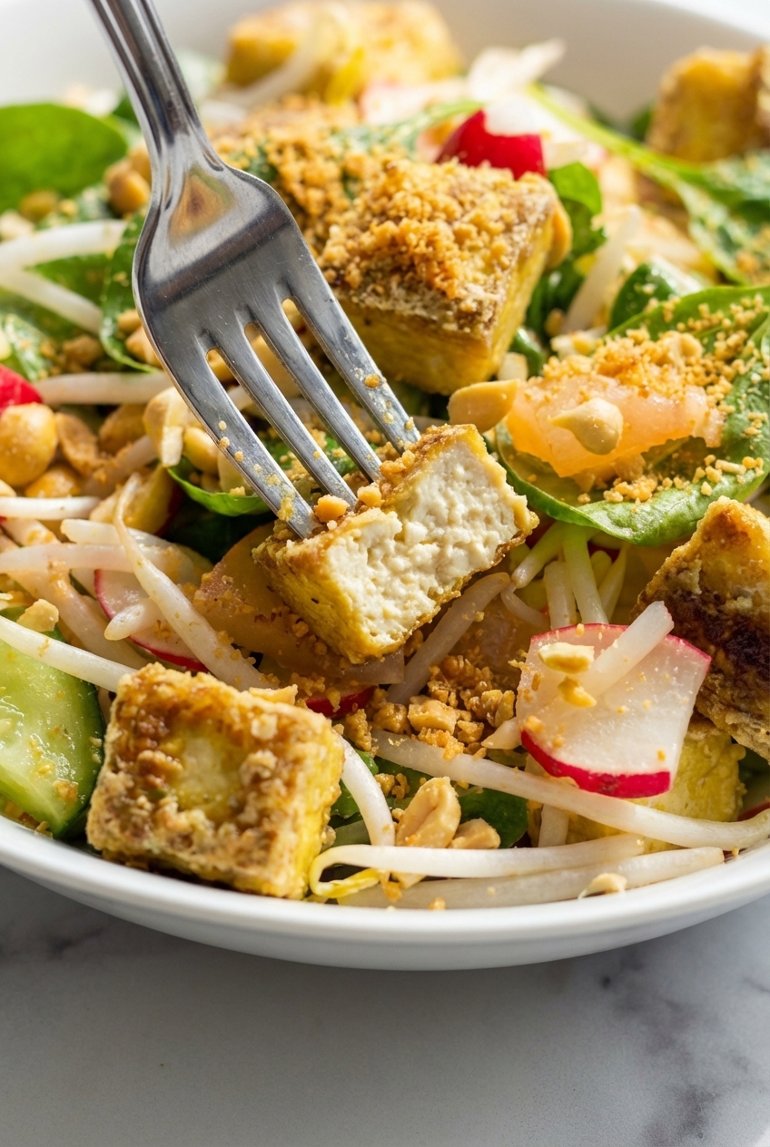 Close-up of the Maillard reaction on Spicy Tofu Salad (14g Protein) showcasing the granular Miso-Dust texture under natural lighting.