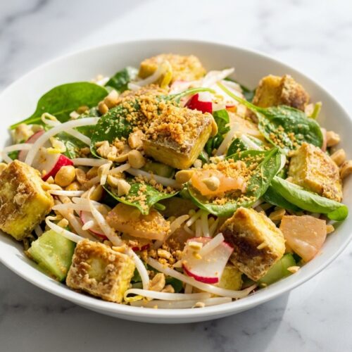 Spicy Tofu Salad (14g Protein) with golden Double-Crunch Miso-Dust coating in a minimalist ceramic bowl on white marble.