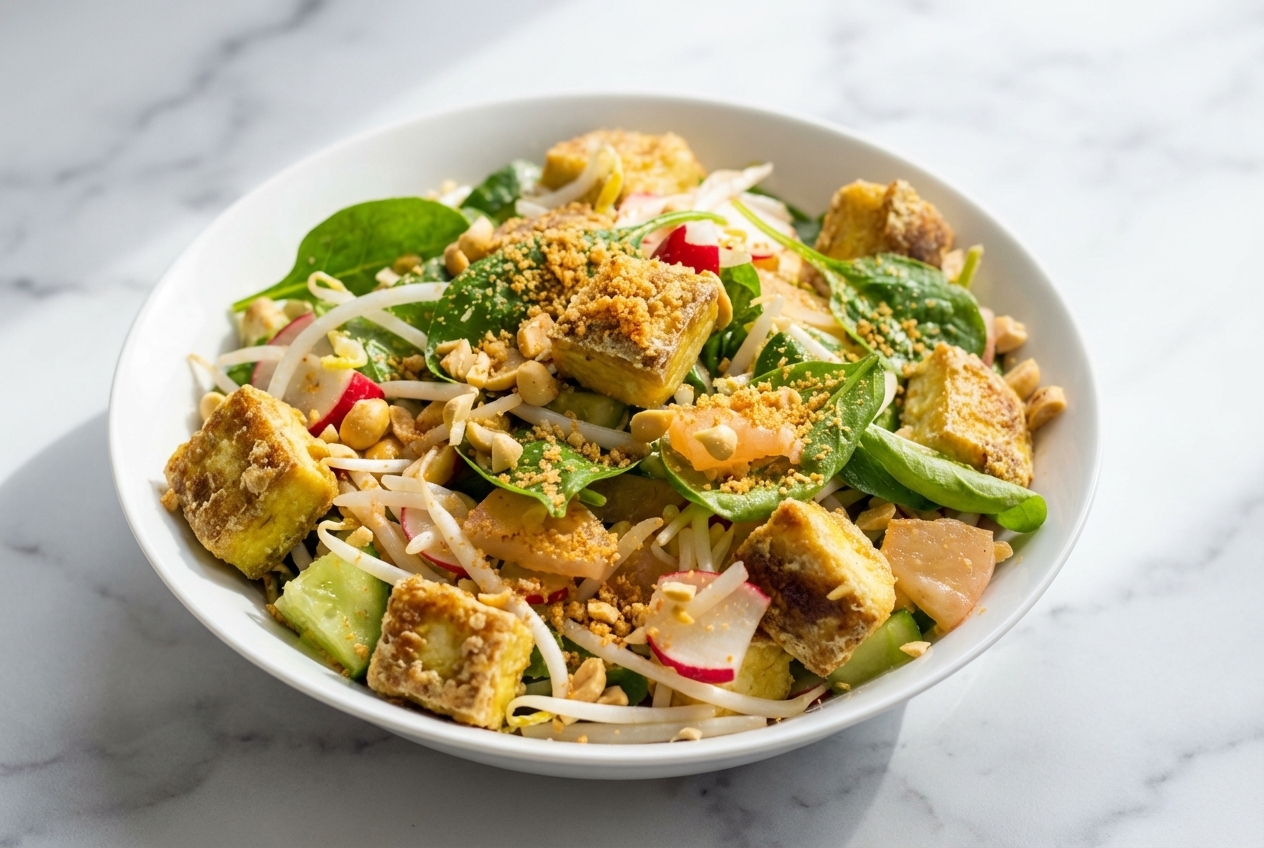 Spicy Tofu Salad (14g Protein) with golden Double-Crunch Miso-Dust coating in a minimalist ceramic bowl on white marble.