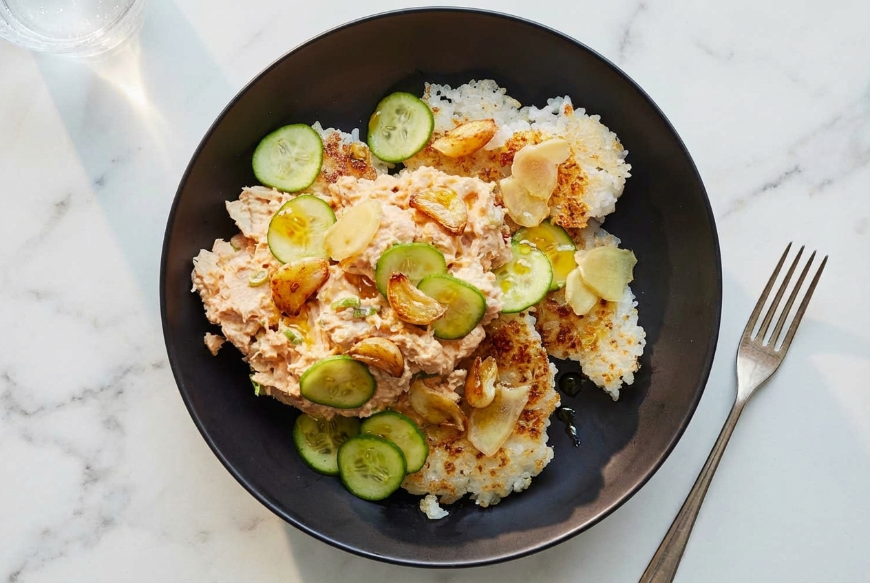 Spicy Tuna Rice Salad Bowl featuring golden rice crisped in garlic-ginger infused oil, served in a ceramic bowl on white marble.