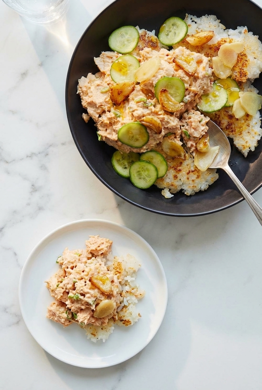 Spicy Tuna Rice Salad Bowl presented in a minimalist ceramic vessel on a contemporary countertop, ready for serving.