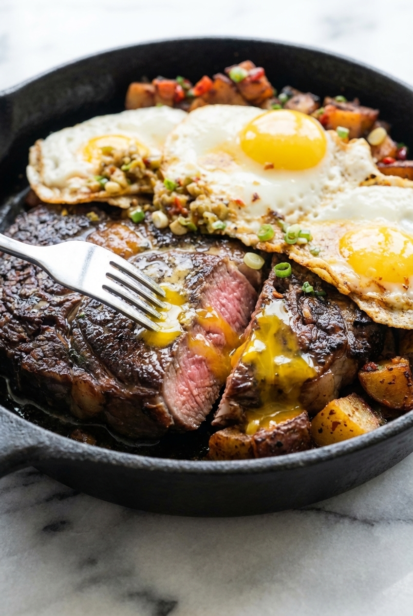 Close-up of Steak & Eggs showing a perfect Maillard reaction crust and melted miso butter under natural light.