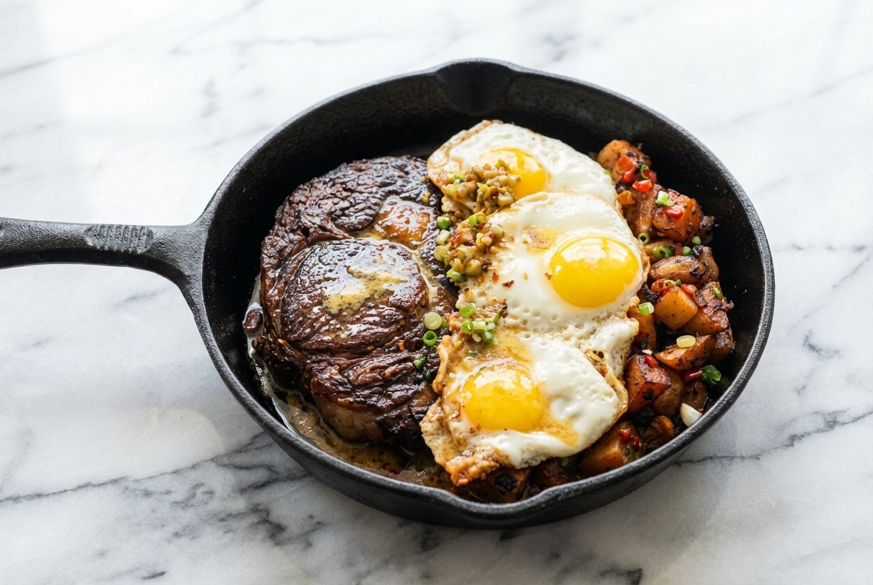Seared Steak & Eggs with umami miso butter basting and sunny-side up eggs on a white marble surface.