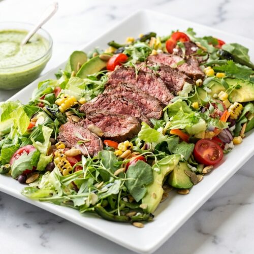 Sliced medium-rare Flank Steak atop a Steak & Avocado Southwest Salad with Flash-Char corn and poblano on a white marble surface.