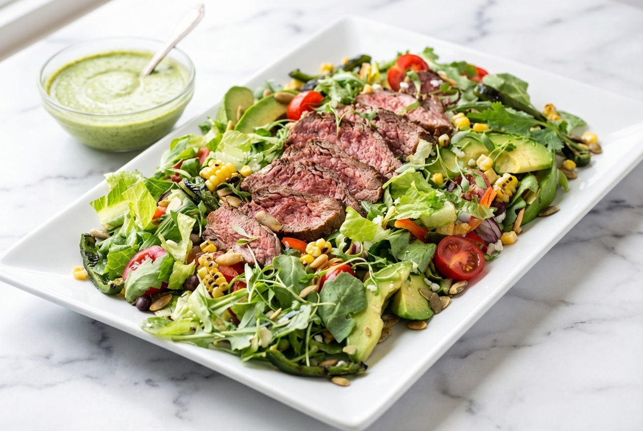Sliced medium-rare Flank Steak atop a Steak & Avocado Southwest Salad with Flash-Char corn and poblano on a white marble surface.