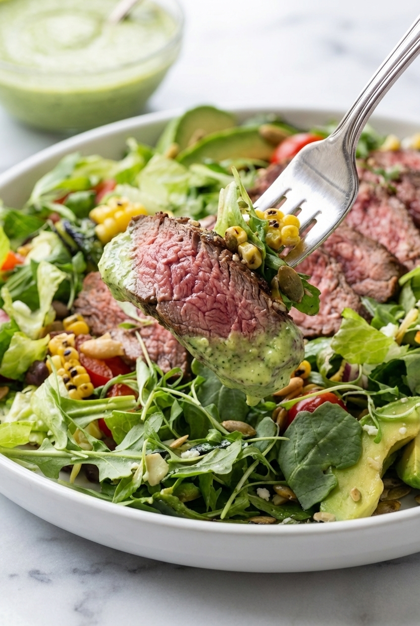Close-up of Flank Steak sliced against the grain to reveal a perfect medium-rare center in a minimalist ceramic vessel.