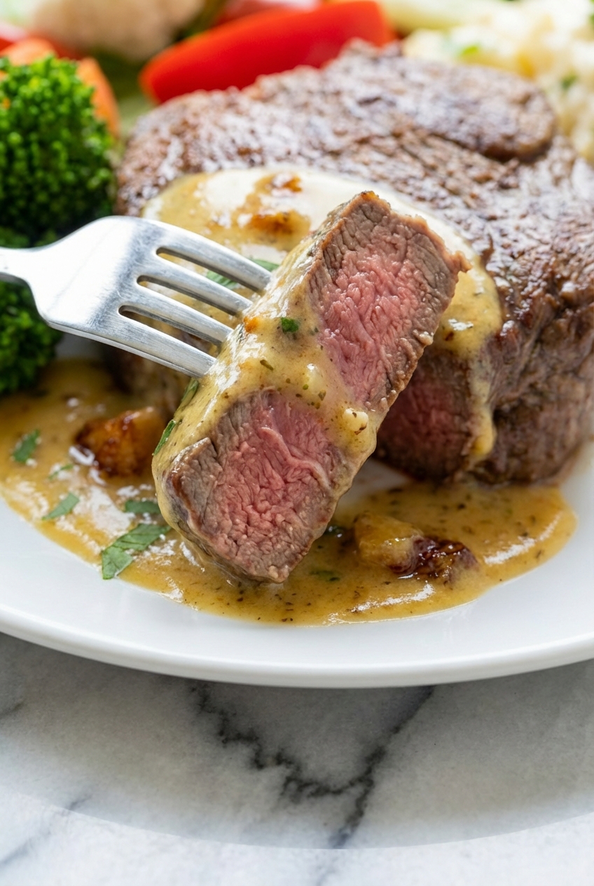Beef Fillet with Easy Bearnaise Sauce in a cast iron skillet showcasing a crispy Maillard reaction crust.