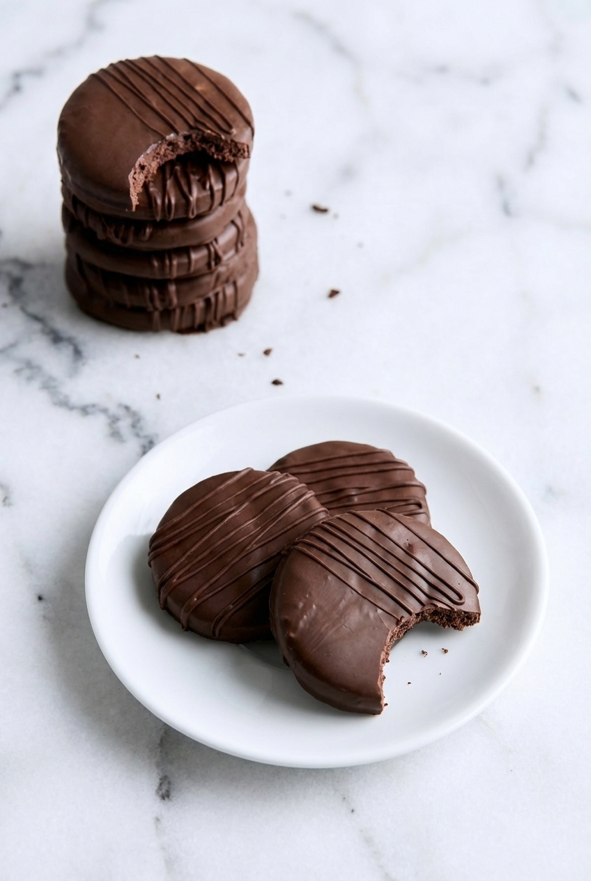 Homemade Thin Mint Cookies neatly stacked in a minimalist ceramic vessel on a contemporary countertop with soft natural shadows.